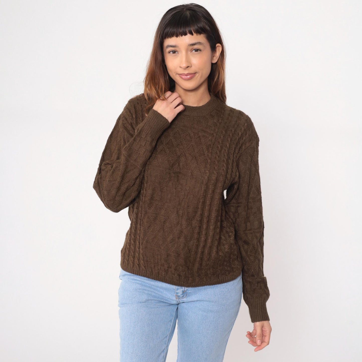 90s Wei Wah Brown Cable Knit Crewneck Pullover Sweater Large L