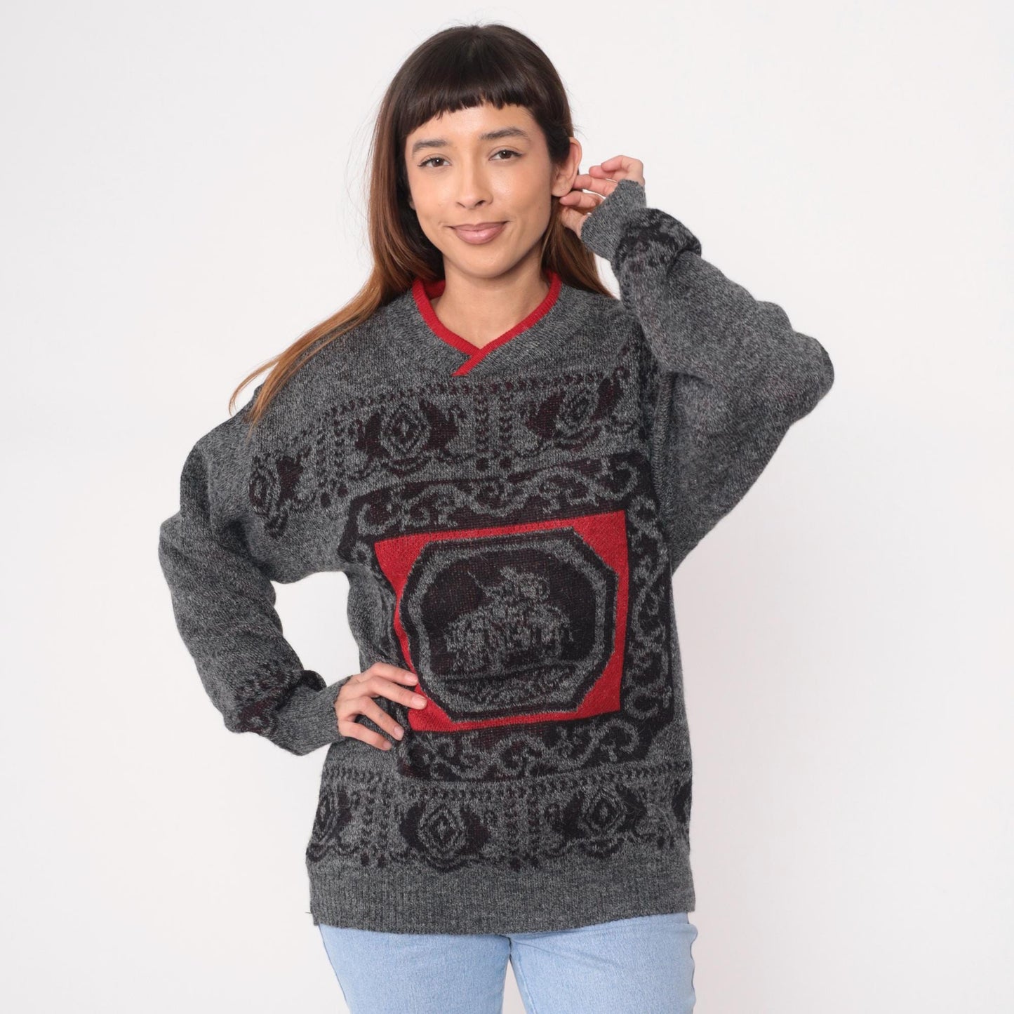 90s Tribal Pattern V-Neck Sweater Grey Red Wool Knit Small S