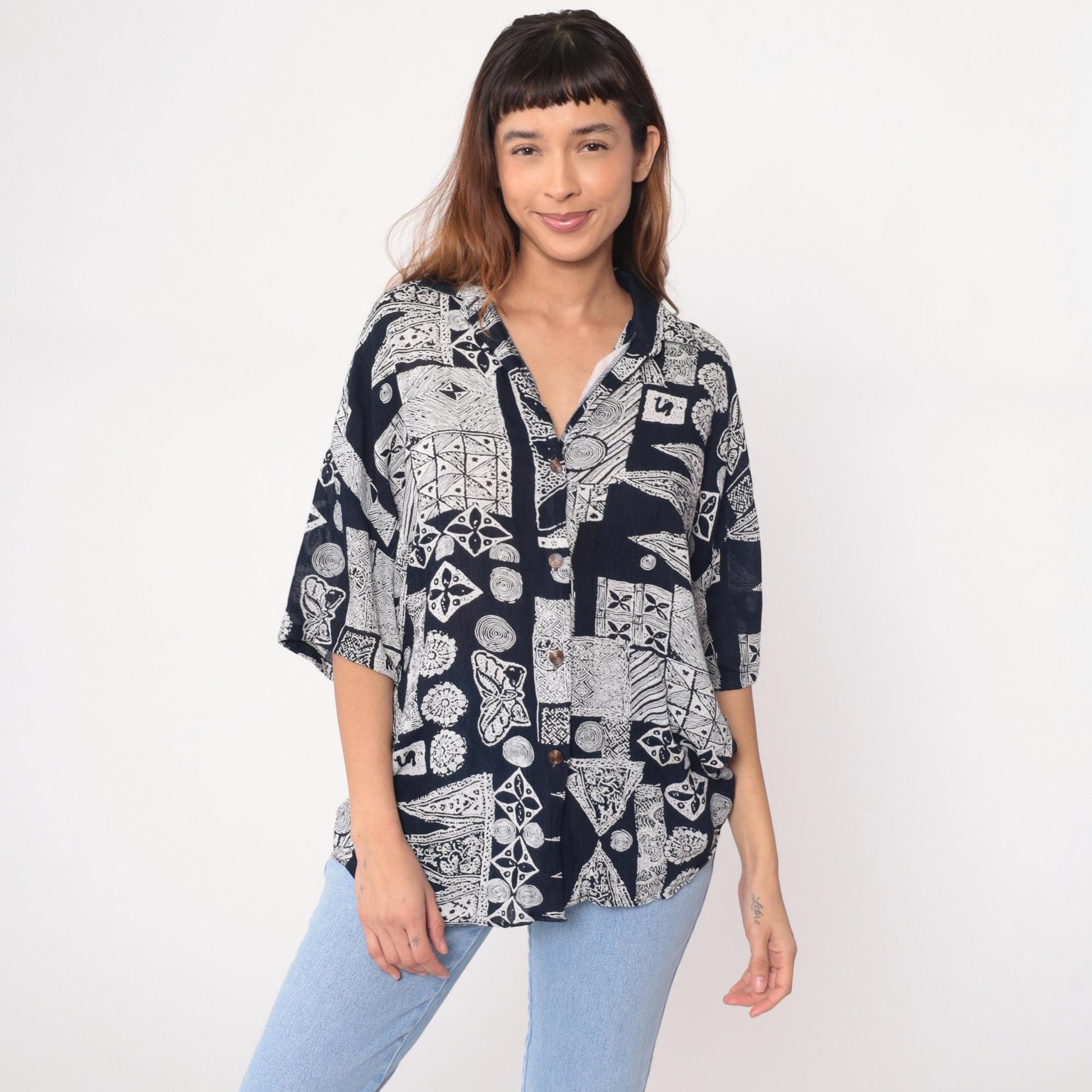 90s Michele Leslie Geometric Abstract Button Shirt Black White Rayon Large L