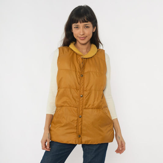 80s Eddie Bauer Down Vest Mustard Yellow Quilted Snap Front Large L