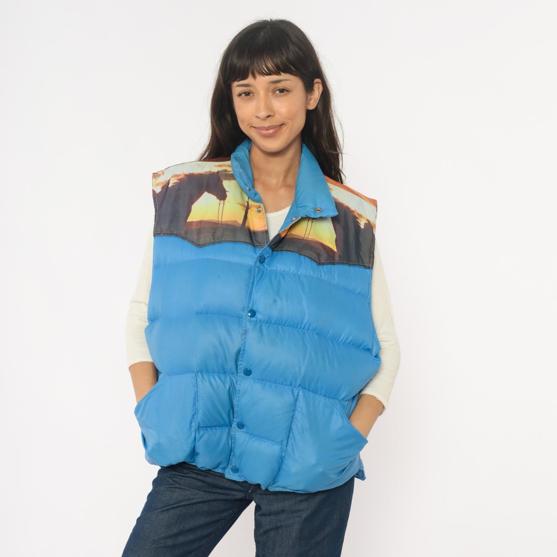 70s Western Sunset Puffer Vest Blue Down Quilted Snap Front Extra Large XL