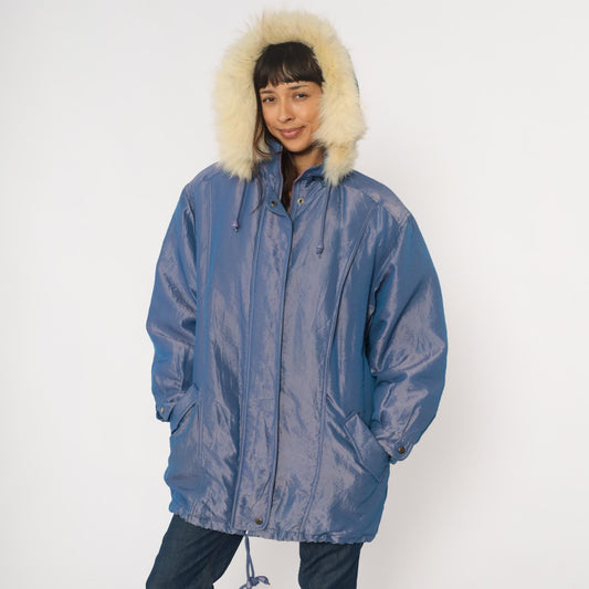 80s Periwinkle Iridescent Puffer Jacket Fur Trim Hood Windbreaker Large L