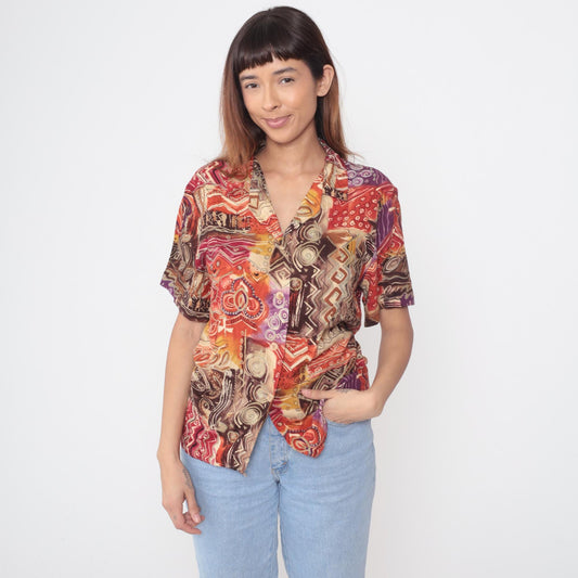 90s Sag Harbor Abstract Geometric Print Shirt Multicolor Collared Medium M