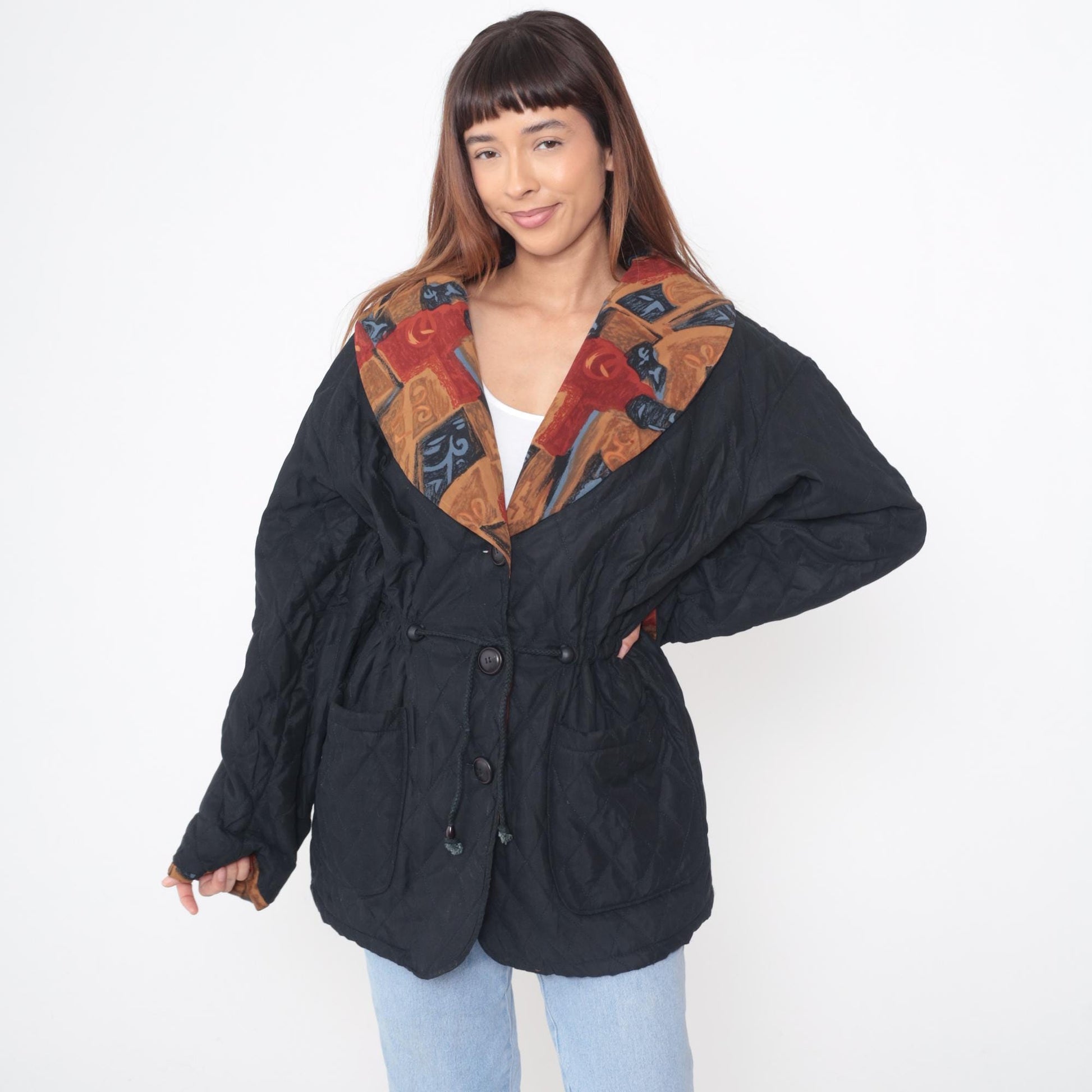 90s Quilted Jacket Black Button Front Geometric Print Collar Lining Large