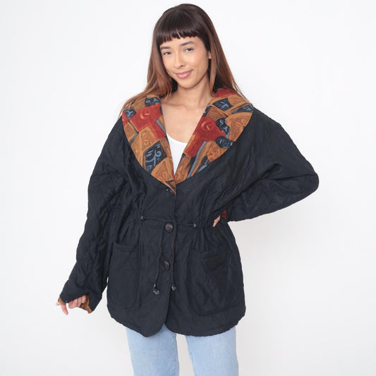 90s Quilted Jacket Black Button Front Geometric Print Collar Lining Large