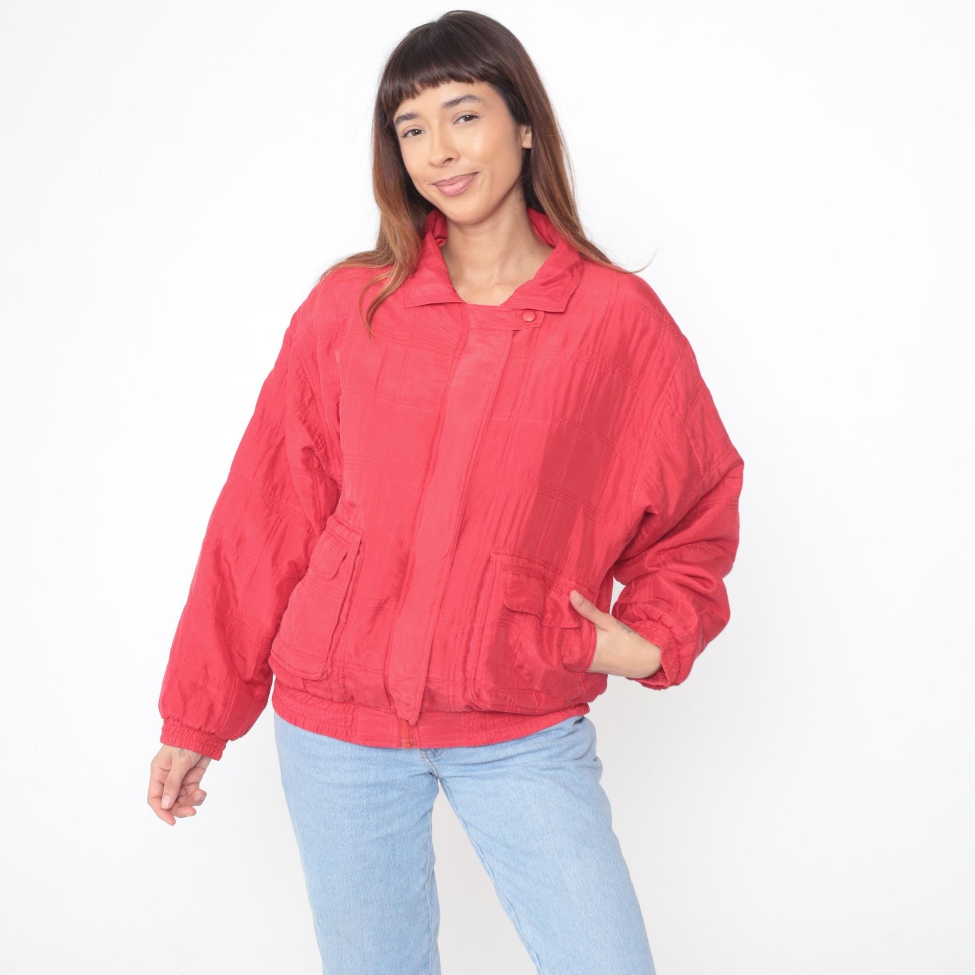 90s Javon Red Silk Bomber Jacket Quilted Zip Front Medium M