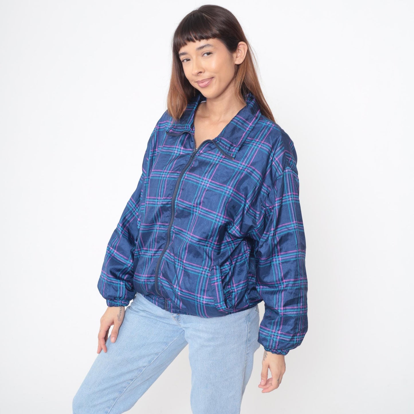 90s Pro Spirit Plaid Windbreaker Navy Blue Pink Turquoise Medium
