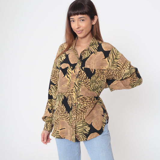 90s Liz Claiborne Silk Blouse Tropical Leaf Print Black Brown Gold Medium