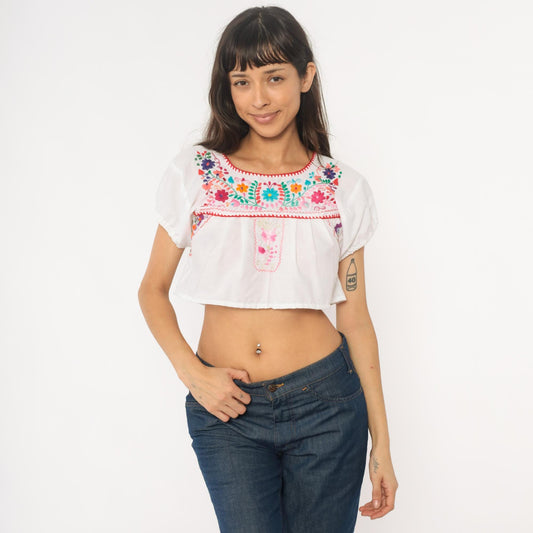 90s Mexican Embroidered Crop Top White Cotton Floral Huipil Small