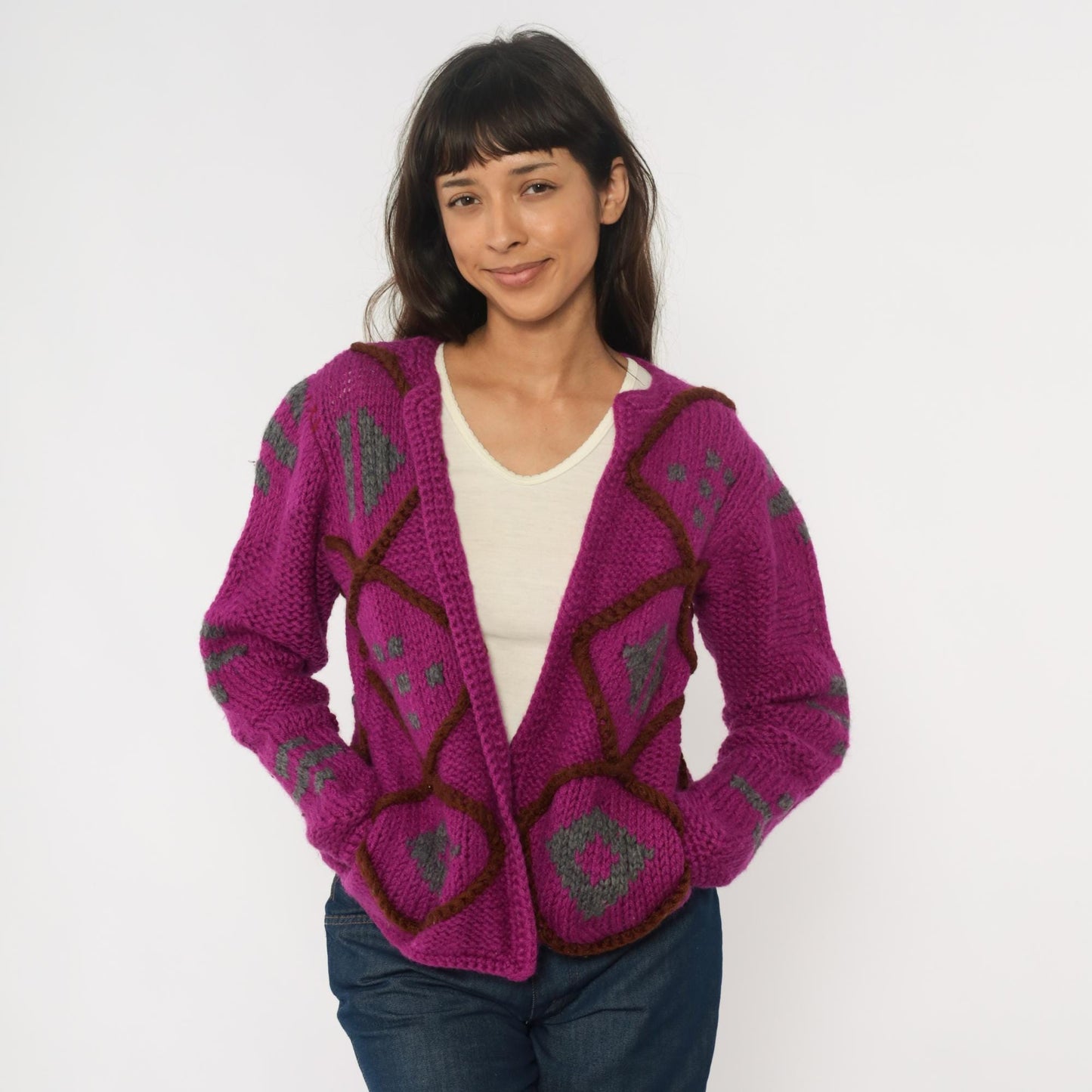 90s Purple Argyle Cardigan Wool Blend Chunky Knit Diamond Pattern Small
