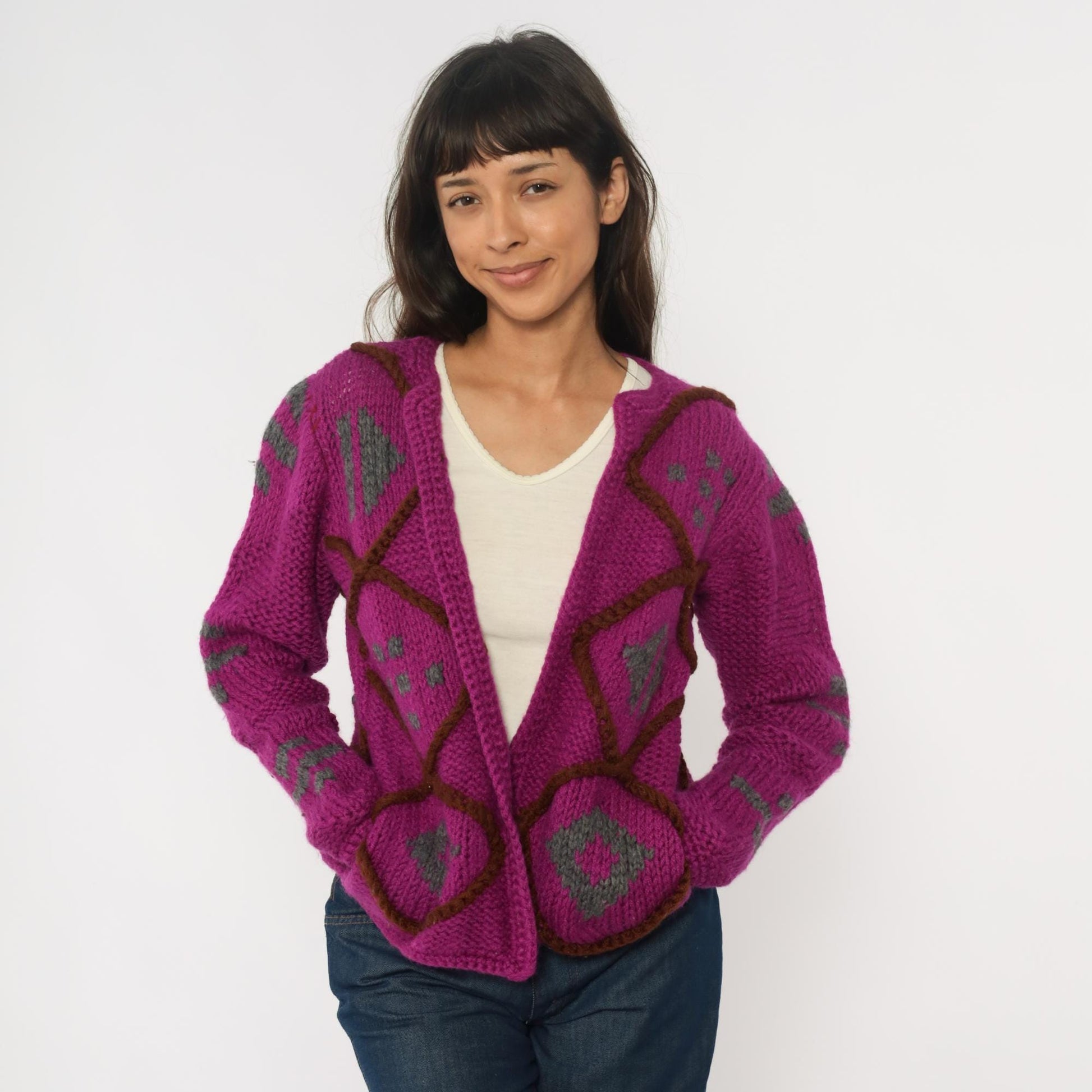 90s Purple Argyle Cardigan Wool Blend Chunky Knit Diamond Pattern Small