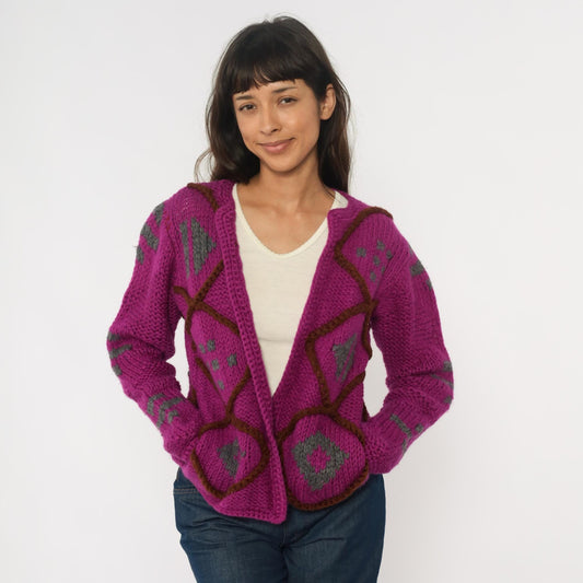 90s Purple Argyle Cardigan Wool Blend Chunky Knit Diamond Pattern Small