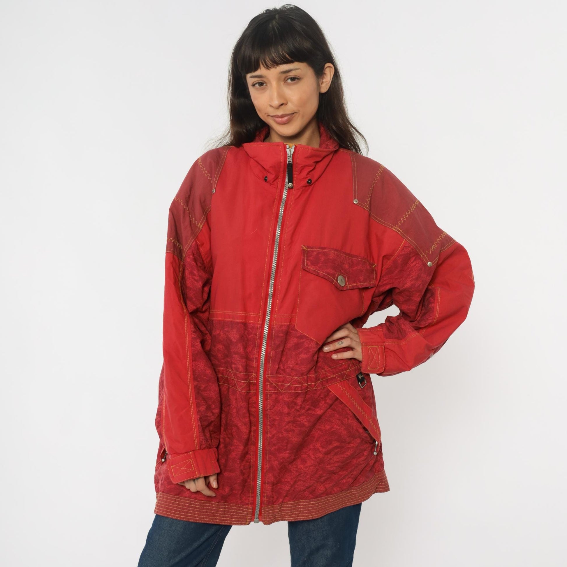 80s Obermeyer Red Nylon Windbreaker Ski Jacket Colour-Block Extra Large XL