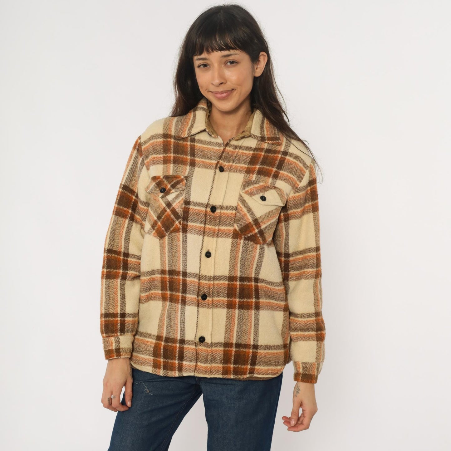 70s Briarcliff Plaid Flannel Shirt Cream Brown Cotton Blend Lined Medium