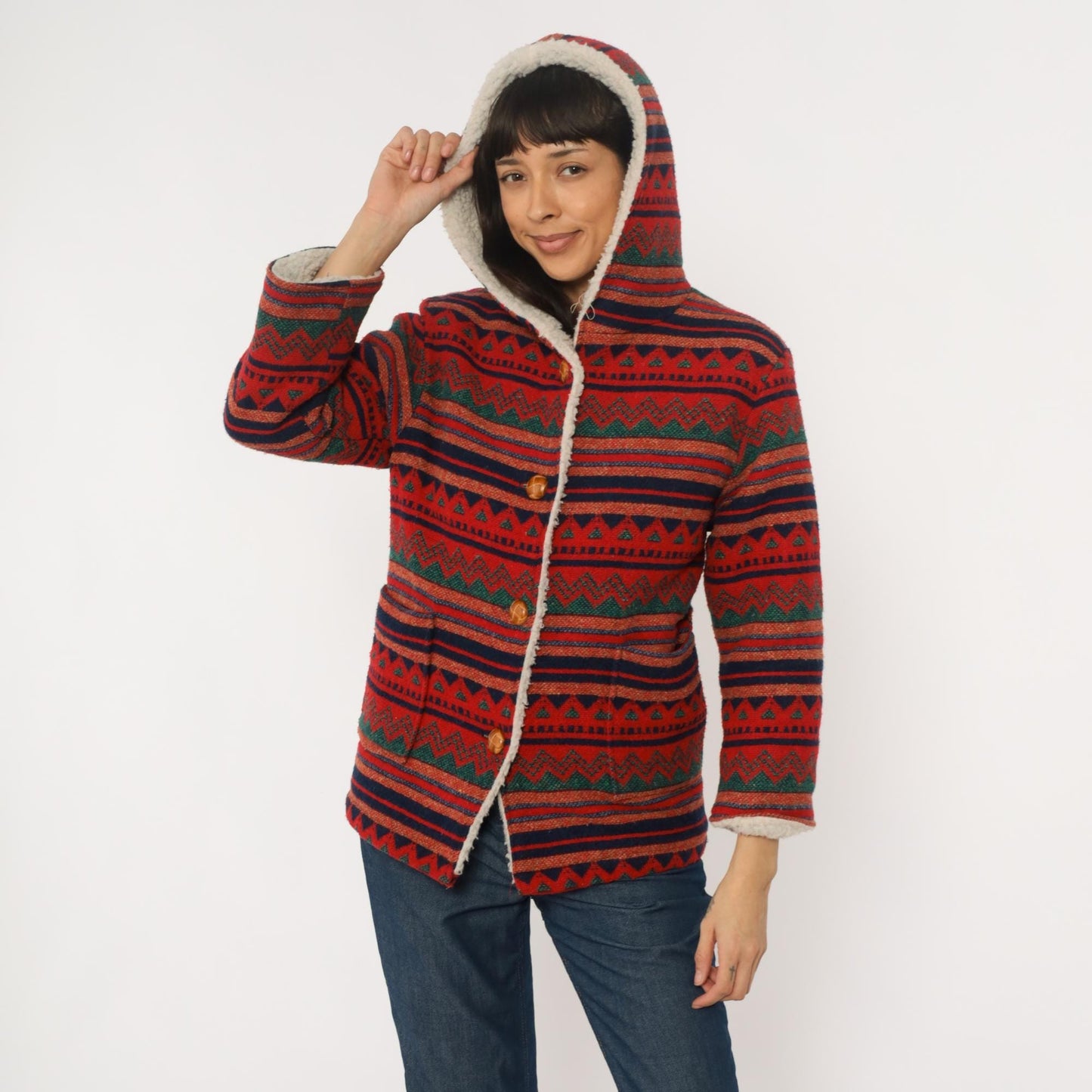 70s Southwestern Hooded Jacket Aztec Pattern Red Navy Orange Wool Blend Extra Small XS