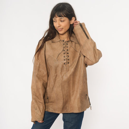 70s Yukon Jack Leather Jacket Tan Lace-Up Western Collar Extra Large XL