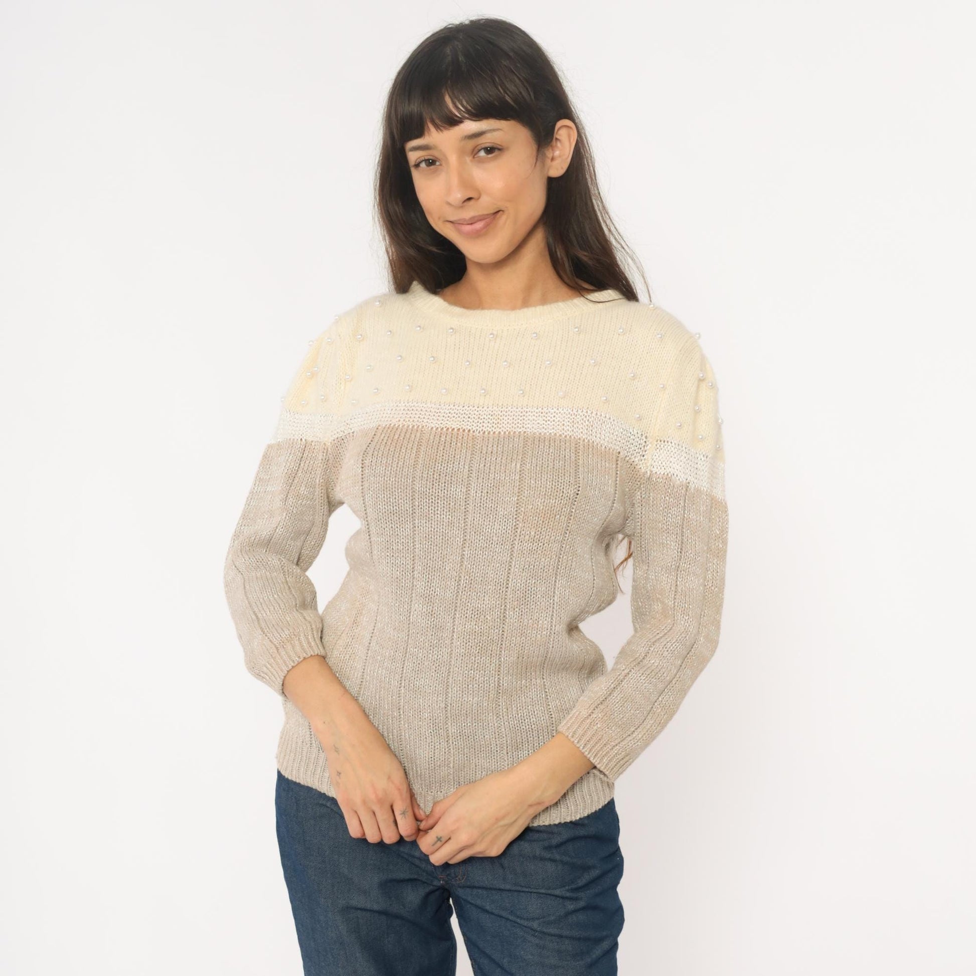 80s Lloyd Williams Beaded Colorblock Sweater Cream Beige Pearl Large