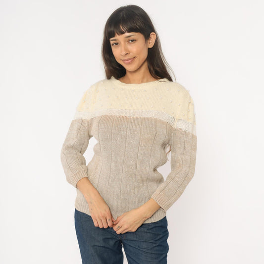 80s Lloyd Williams Beaded Colorblock Sweater Cream Beige Pearl Large