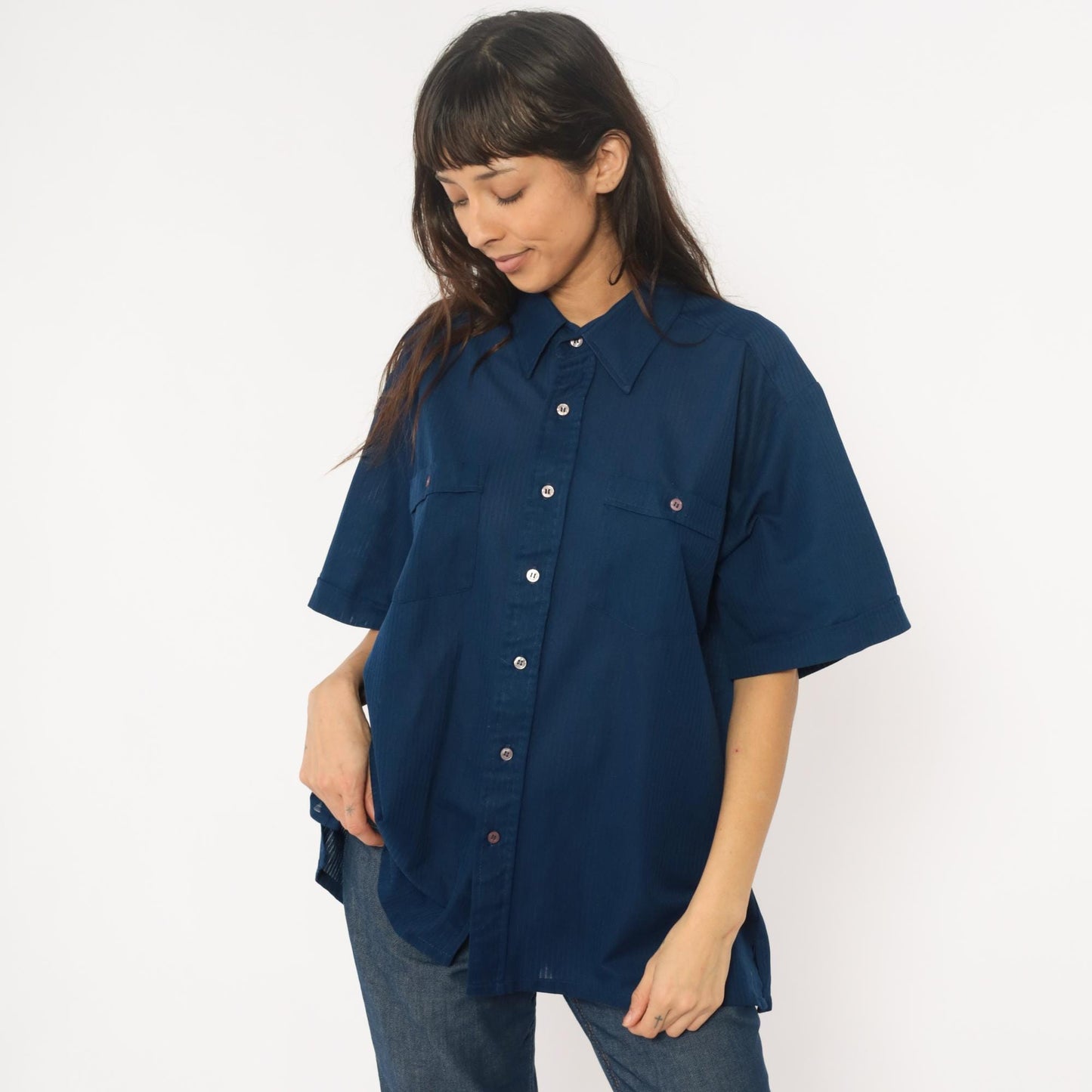 70s Navy Polyester Button-Up Shirt Short Sleeve Chest Pockets Extra Large