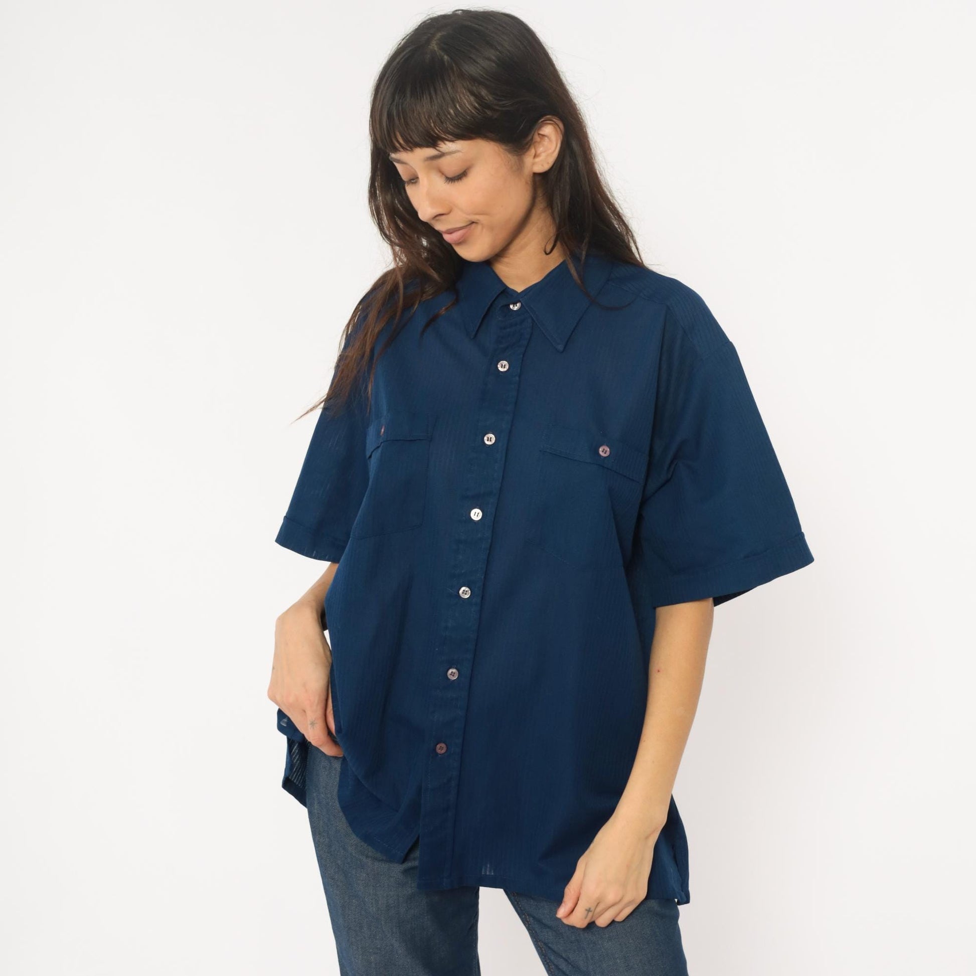 70s Navy Polyester Button-Up Shirt Short Sleeve Chest Pockets Extra Large
