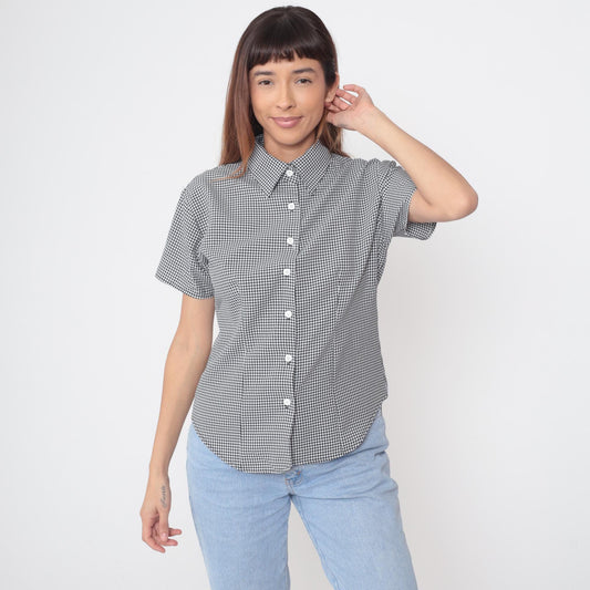 90s Black White Gingham Button-Up Shirt Short Sleeve Collared Blouse Large