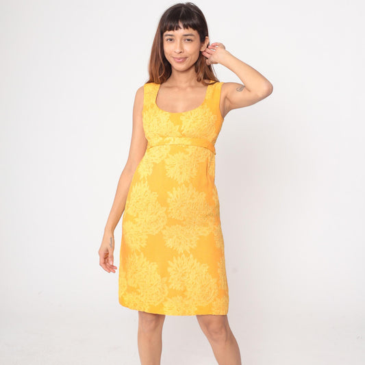 60s Golden Yellow Jacquard Cocktail Dress Sleeveless Scoop Neck Knee Length Extra Small XS