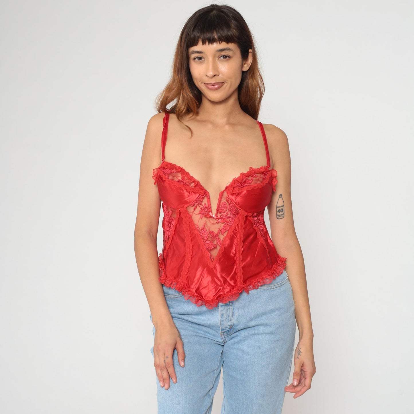 90s Fredericks of Hollywood Red Lace Camisole V-Neck Spaghetti Strap Medium