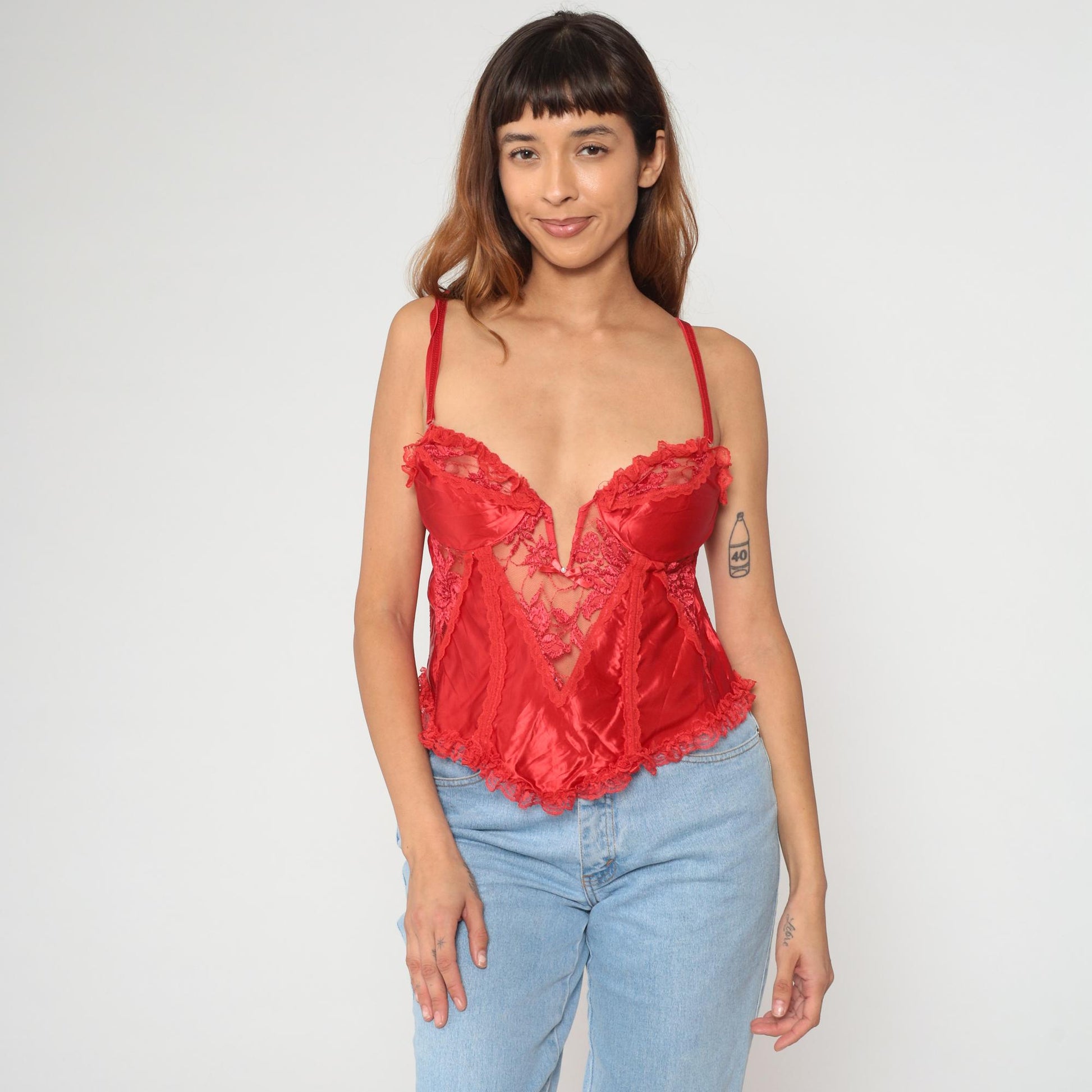 90s Fredericks of Hollywood Red Lace Camisole V-Neck Spaghetti Strap Medium