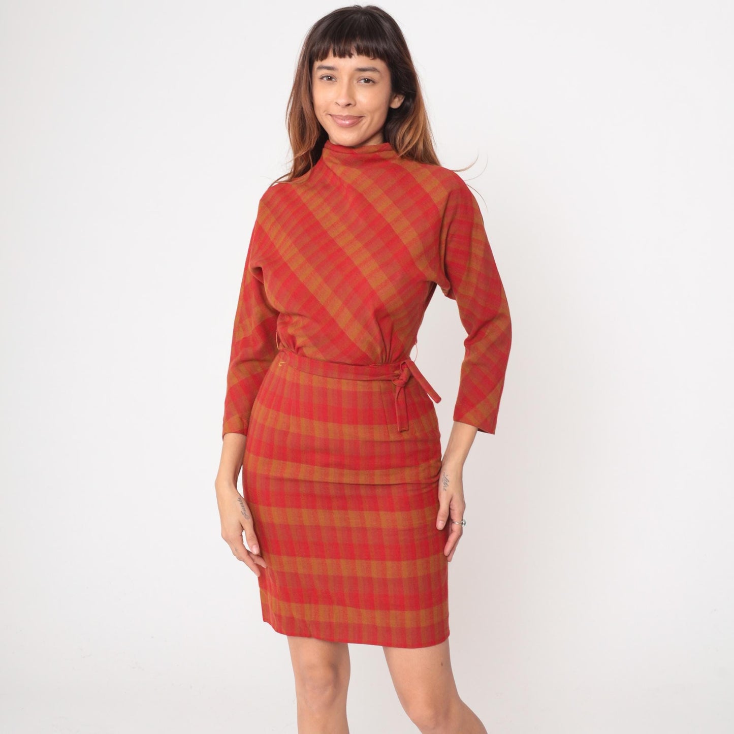 60s Mr Mort Plaid Wool Dress Red Orange Buffalo Check Mock Neck Tie Waist Extra Small