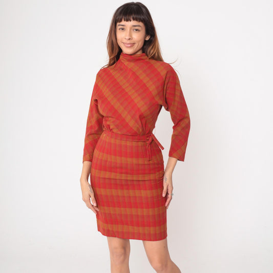 60s Mr Mort Plaid Wool Dress Red Orange Buffalo Check Mock Neck Tie Waist Extra Small