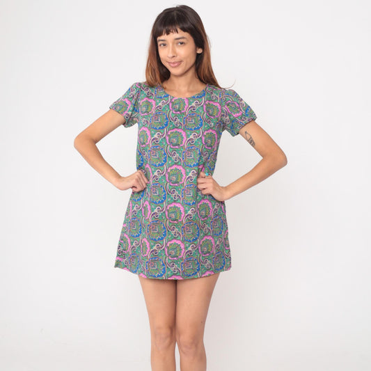 60s Psychedelic Paisley Mini Shift Dress Multicolor Cotton Small S