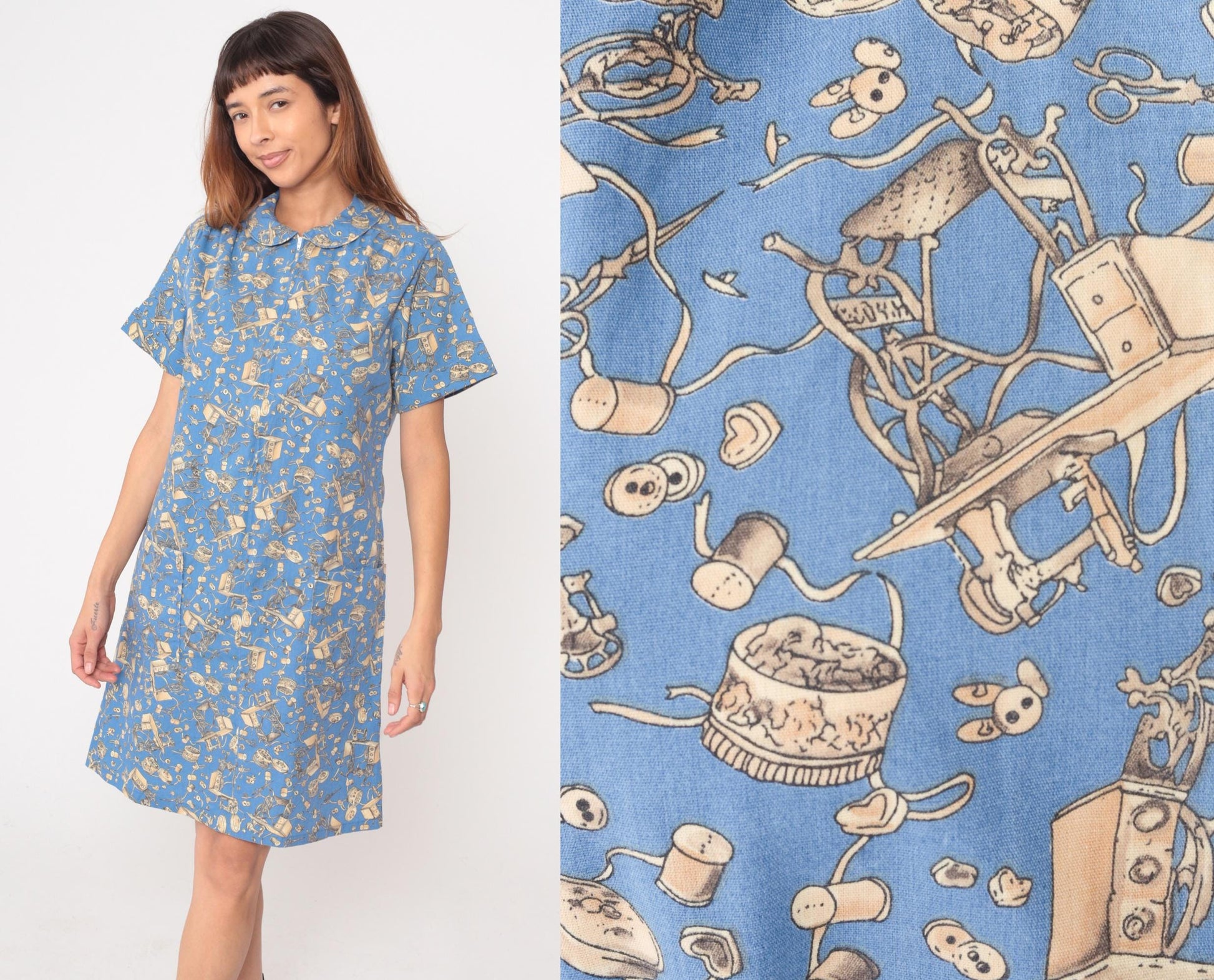90s Zip n Dash Sewing Print Dress Blue Novelty Knee Length Medium
