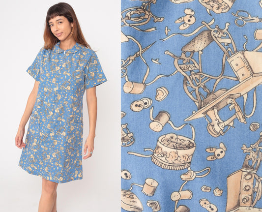 90s Zip n Dash Sewing Print Dress Blue Novelty Knee Length Medium