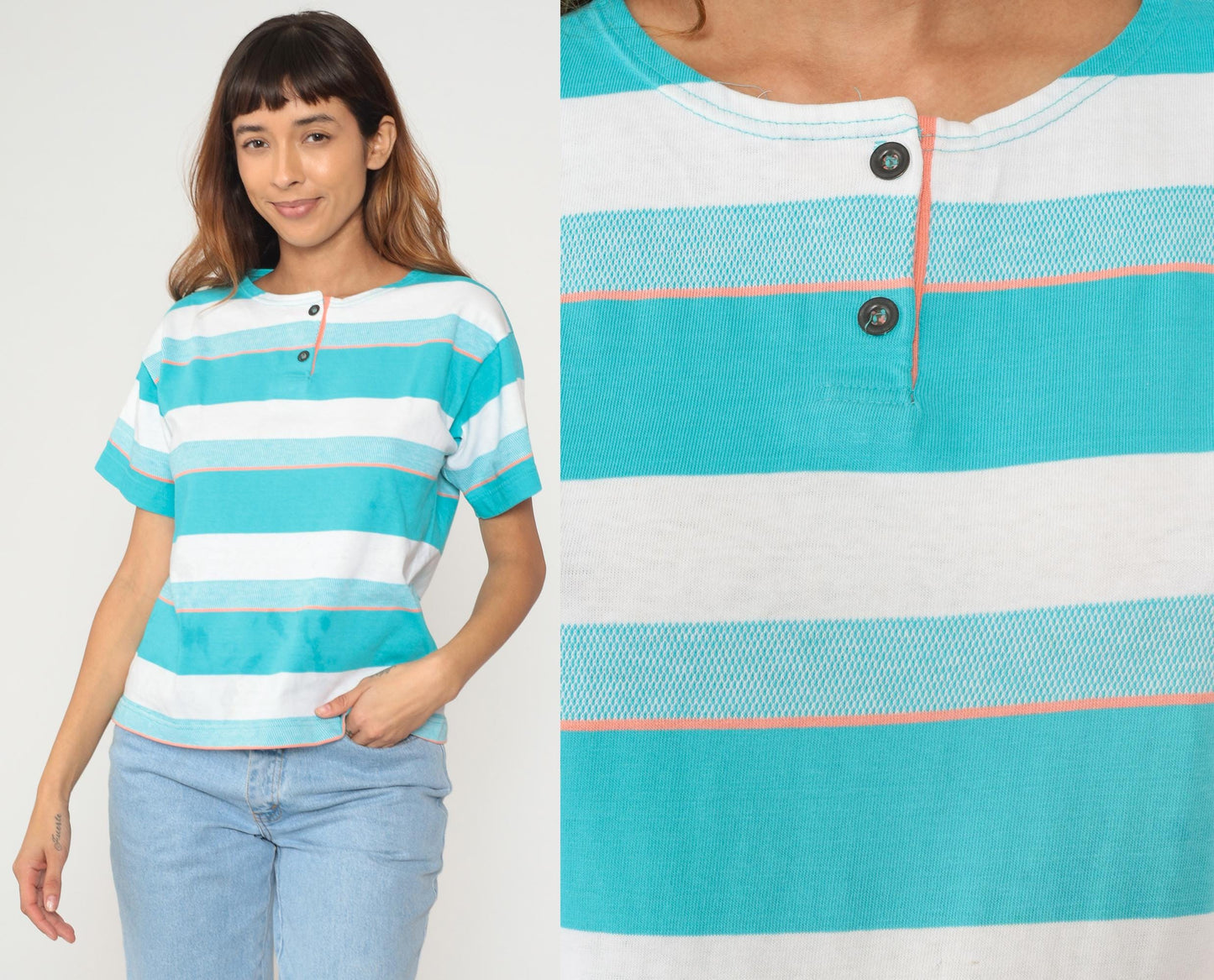 90s Aileen Striped Cotton Shirt Turquoise White Short Sleeve Small