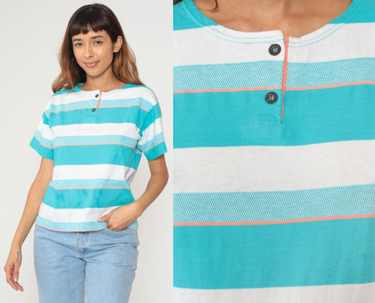 90s Aileen Striped Cotton Shirt Turquoise White Short Sleeve Small