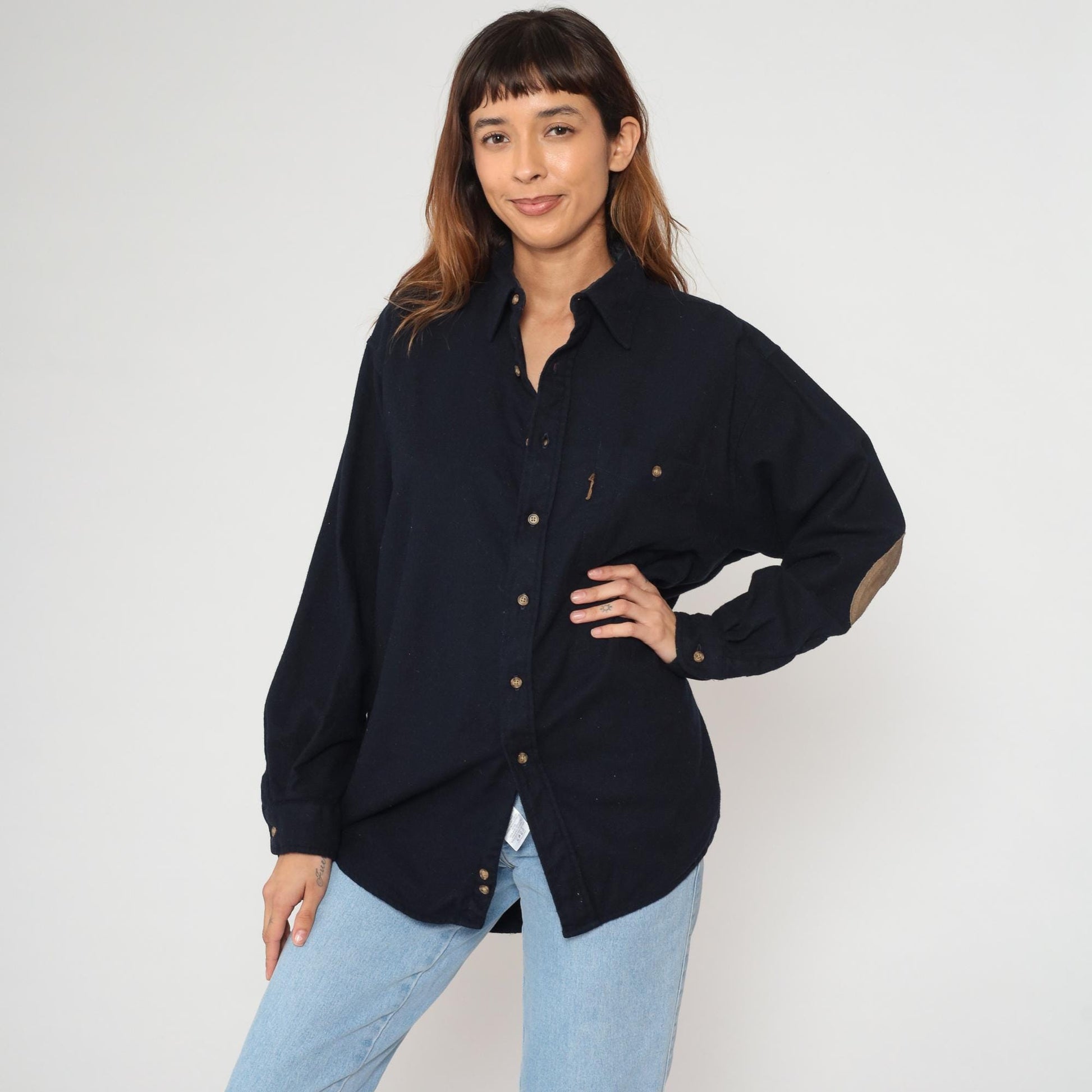 Y2K Pendleton Wool Shirt Navy Blue Suede Elbow Patches Collared Large L