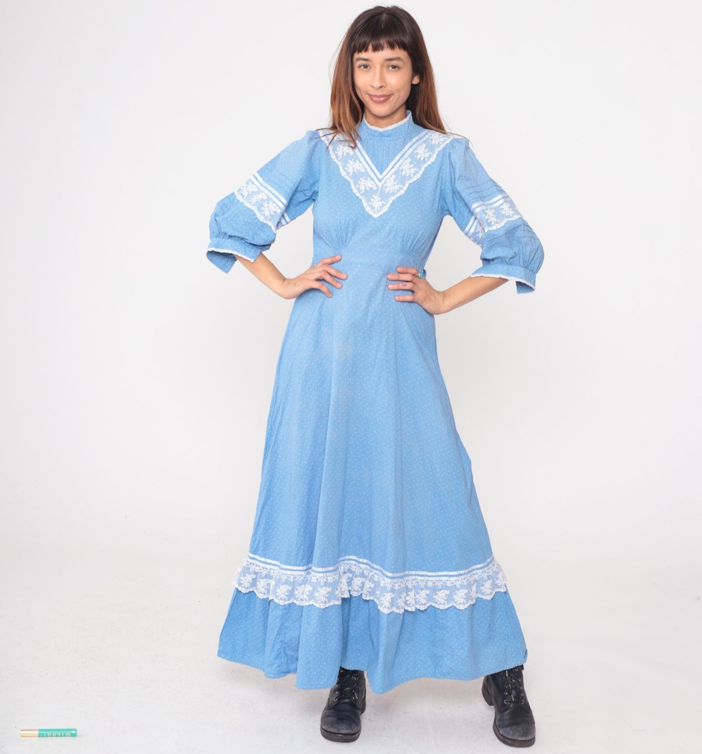 70s Light Blue Prairie Maxi Dress White Lace Trim Puff Sleeves Small