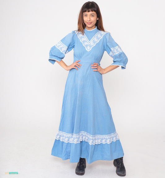 70s Light Blue Prairie Maxi Dress White Lace Trim Puff Sleeves Small