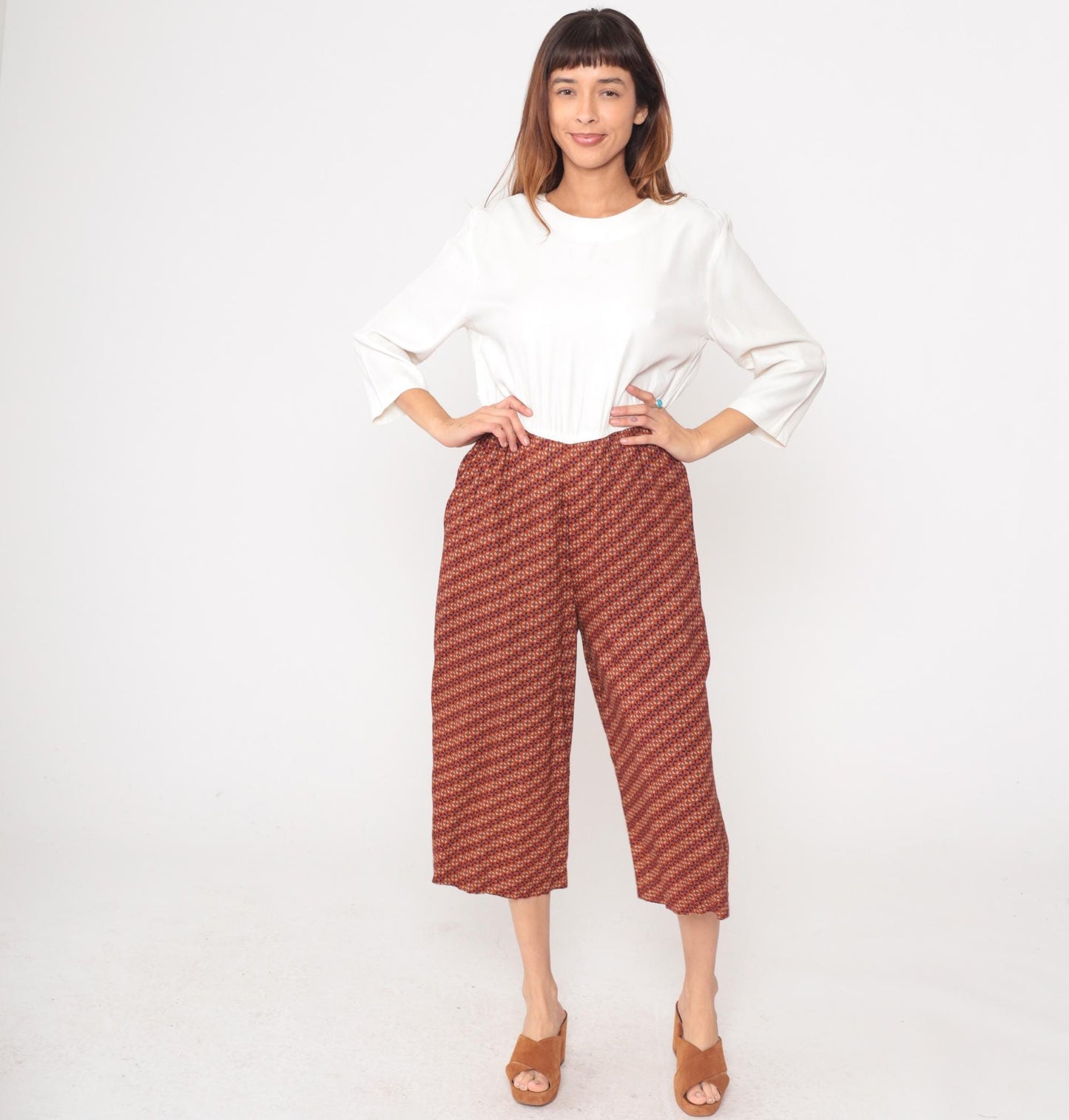 80s Dawn Joy Fashions Jumpsuit White Blouse Orange Floral Wide-Leg Culottes Large