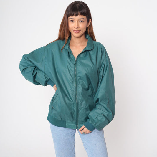 90s Izod Club Teal Windbreaker Jacket Nylon Zip Ribbed Collar Large L