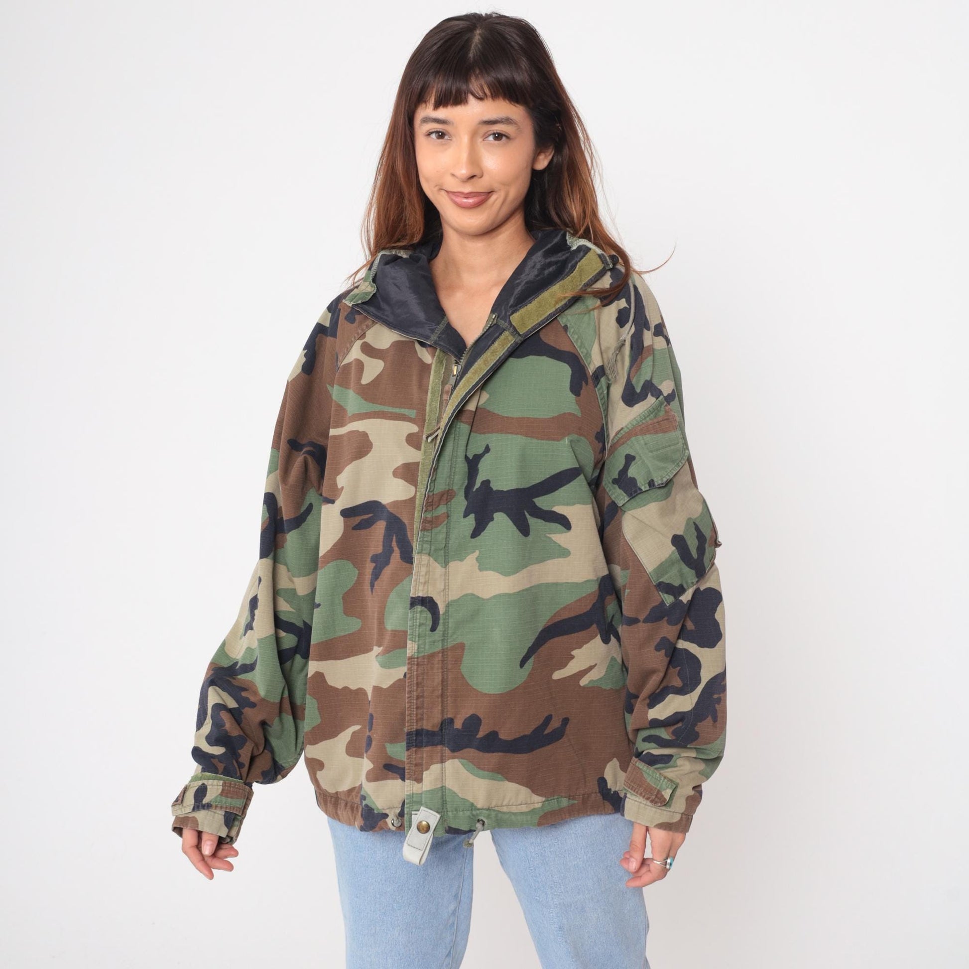 90s Woodland Camo Military Jacket Zip Hood Army Green Medium