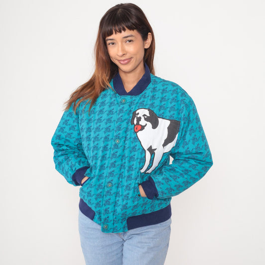 90s Big Dogs Bomber Jacket Turquoise Navy Ribbed Trim Dog Graphic Youth XL