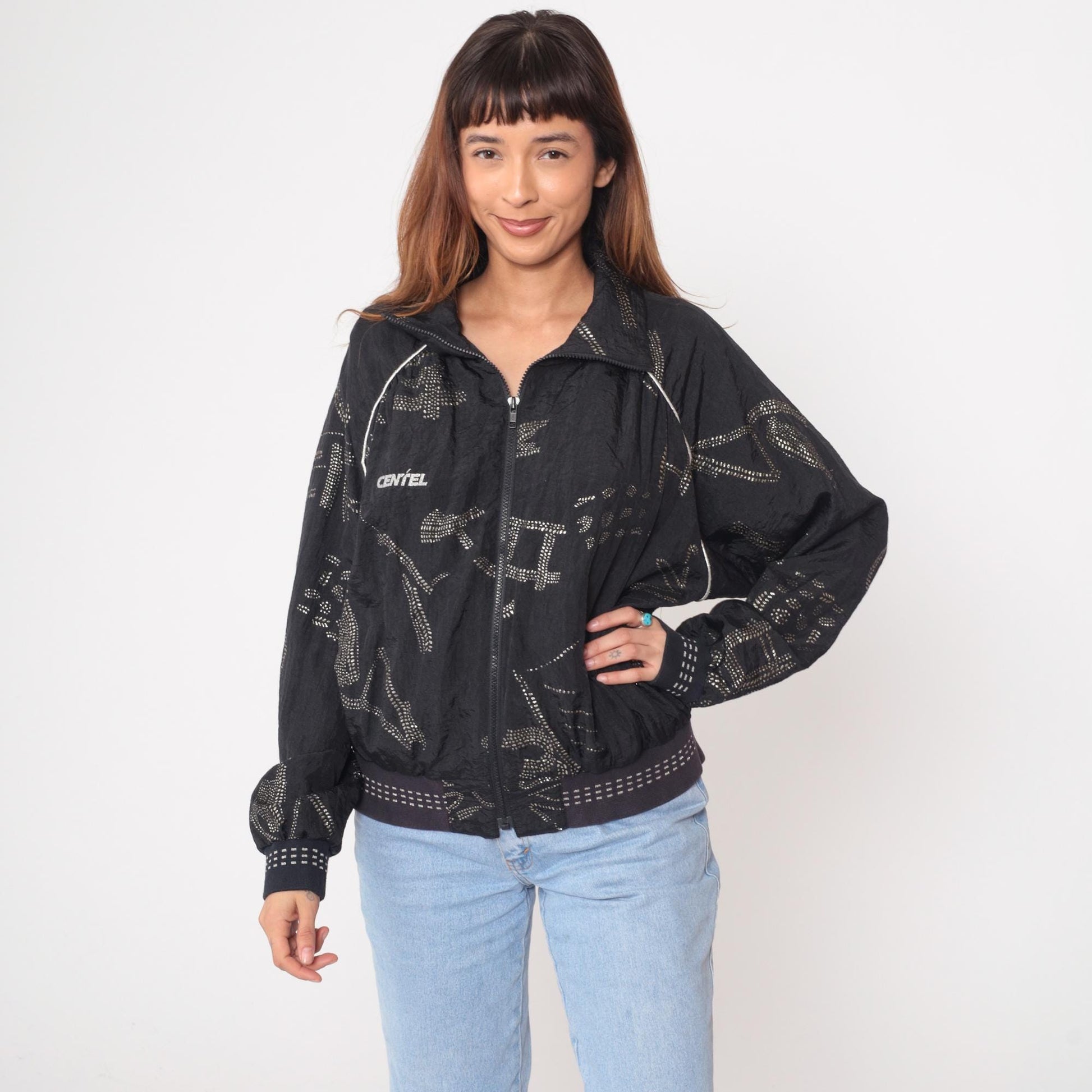 90s Lily's of Beverly Hills Black Glitter Nylon Track Jacket Extra Large XL