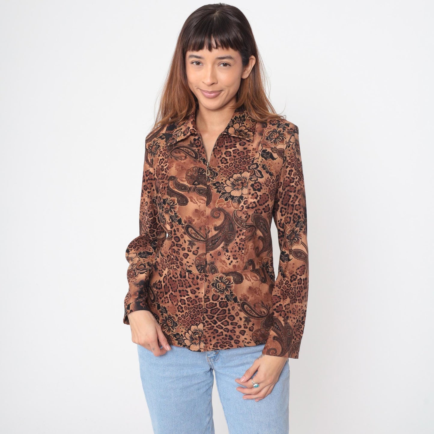 Y2K Brown Leopard Paisley Floral Zip Jacket Small S