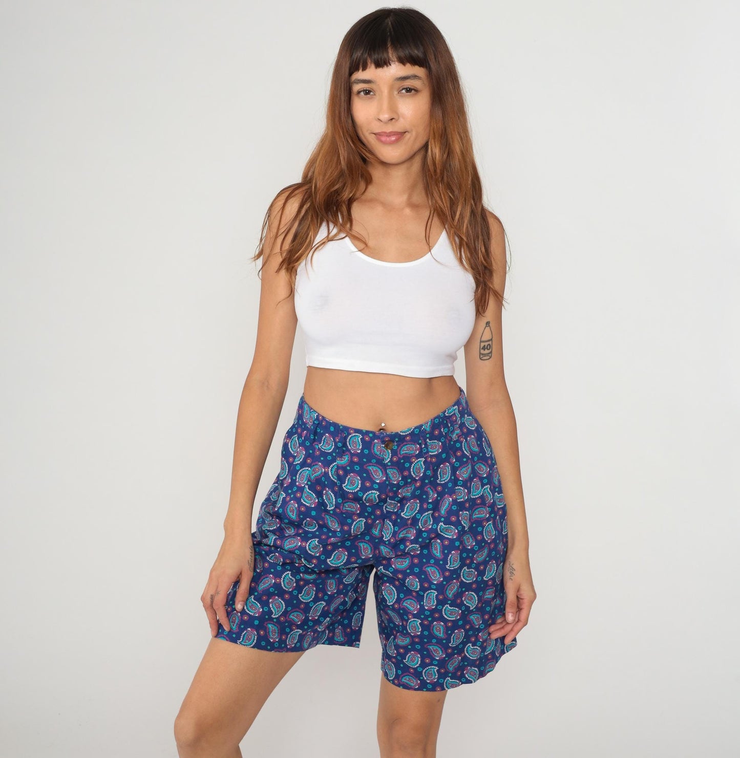 90s Liz Sport Paisley Shorts High Waisted Cotton Navy Medium