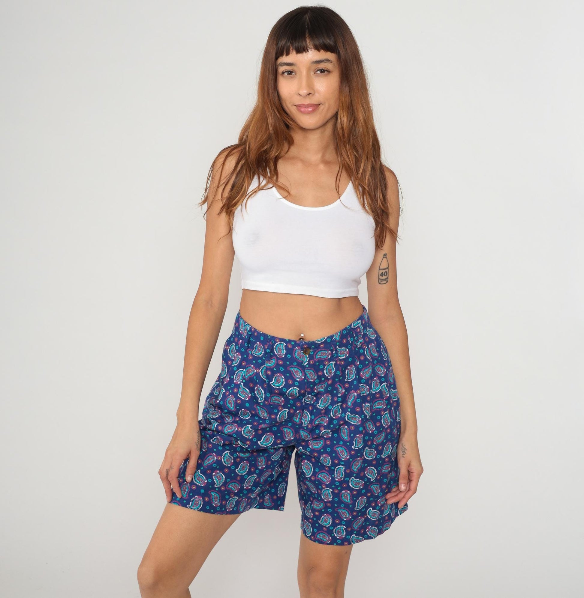 90s Liz Sport Paisley Shorts High Waisted Cotton Navy Medium