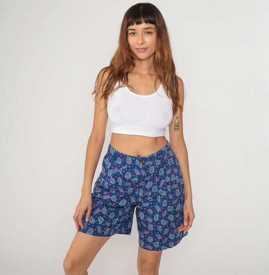 90s Liz Sport Paisley Shorts High Waisted Cotton Navy Medium