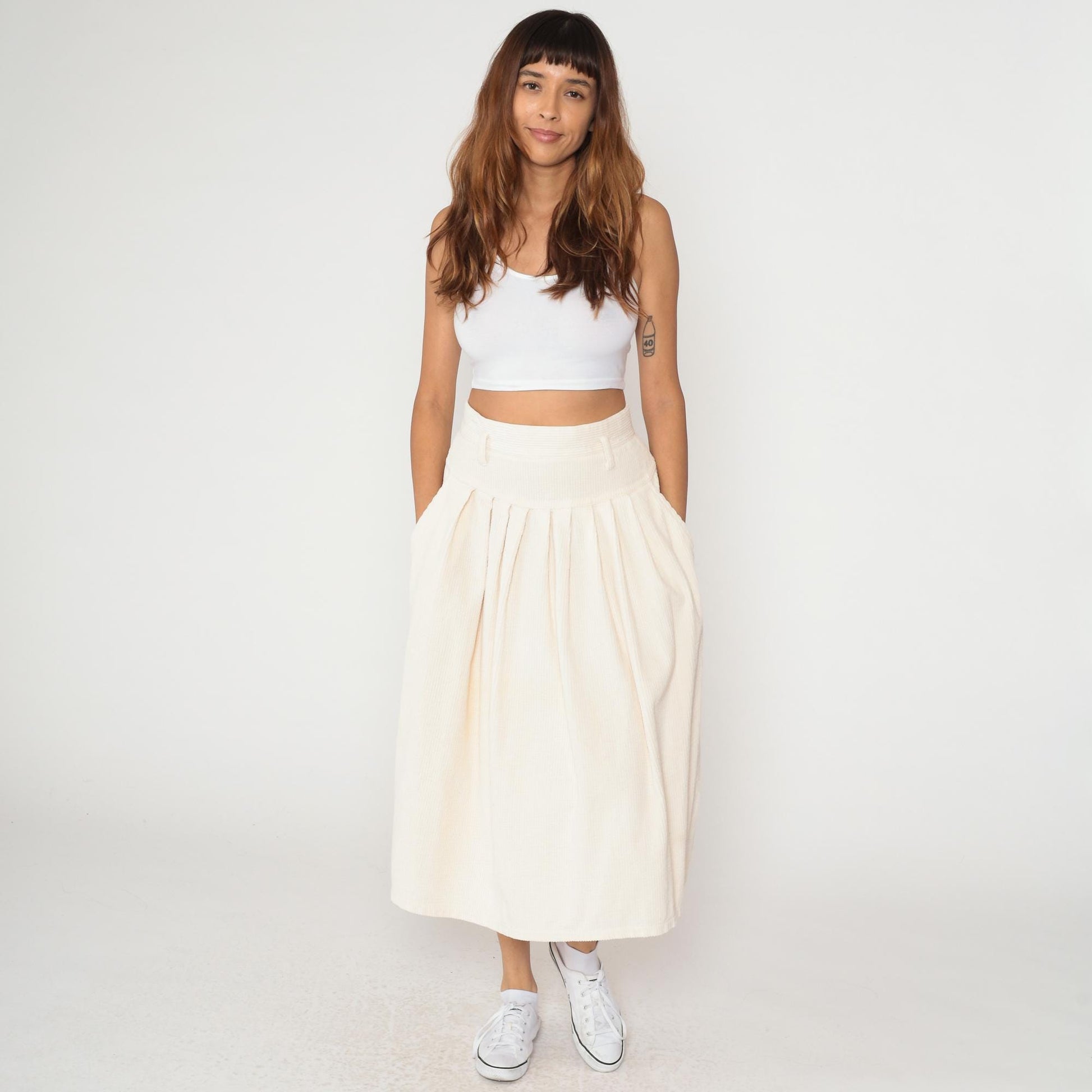 90s Boundary Waters Cream Corduroy Pleated Skirt High Waist Knee Length Large