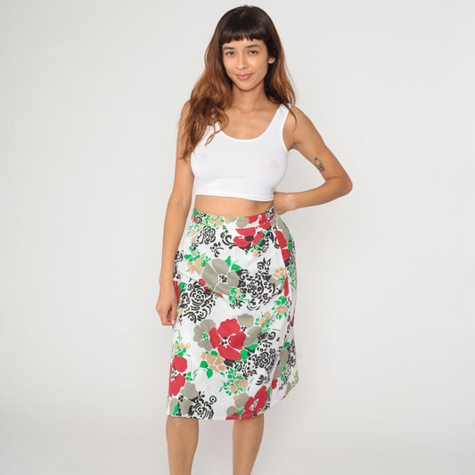 80s Floral Wrap Skirt Red White Black Green Knee-Length Tie Waist Medium