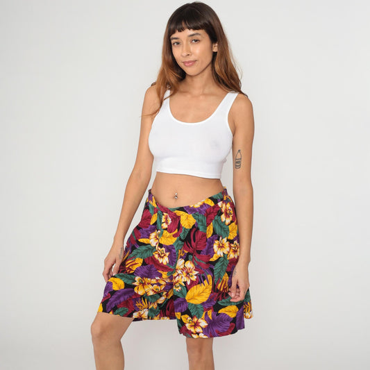 90s Sag Harbor Tropical Hibiscus Shorts High Waisted Wide Leg Purple Yellow Large